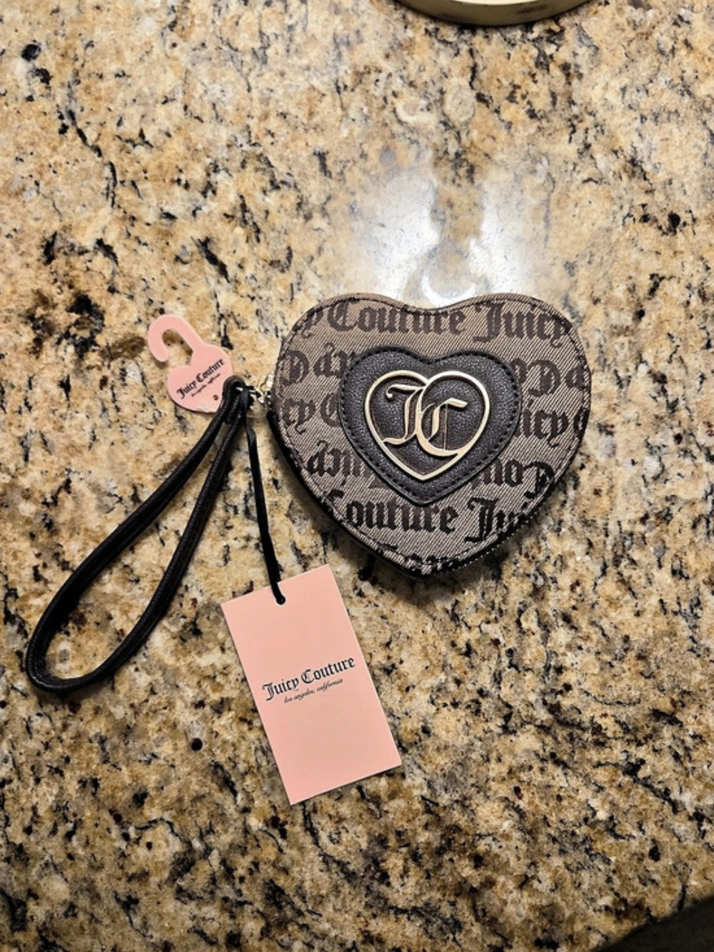 Juicy Couture Heart Zip Around Wristlet Brown & Pink
